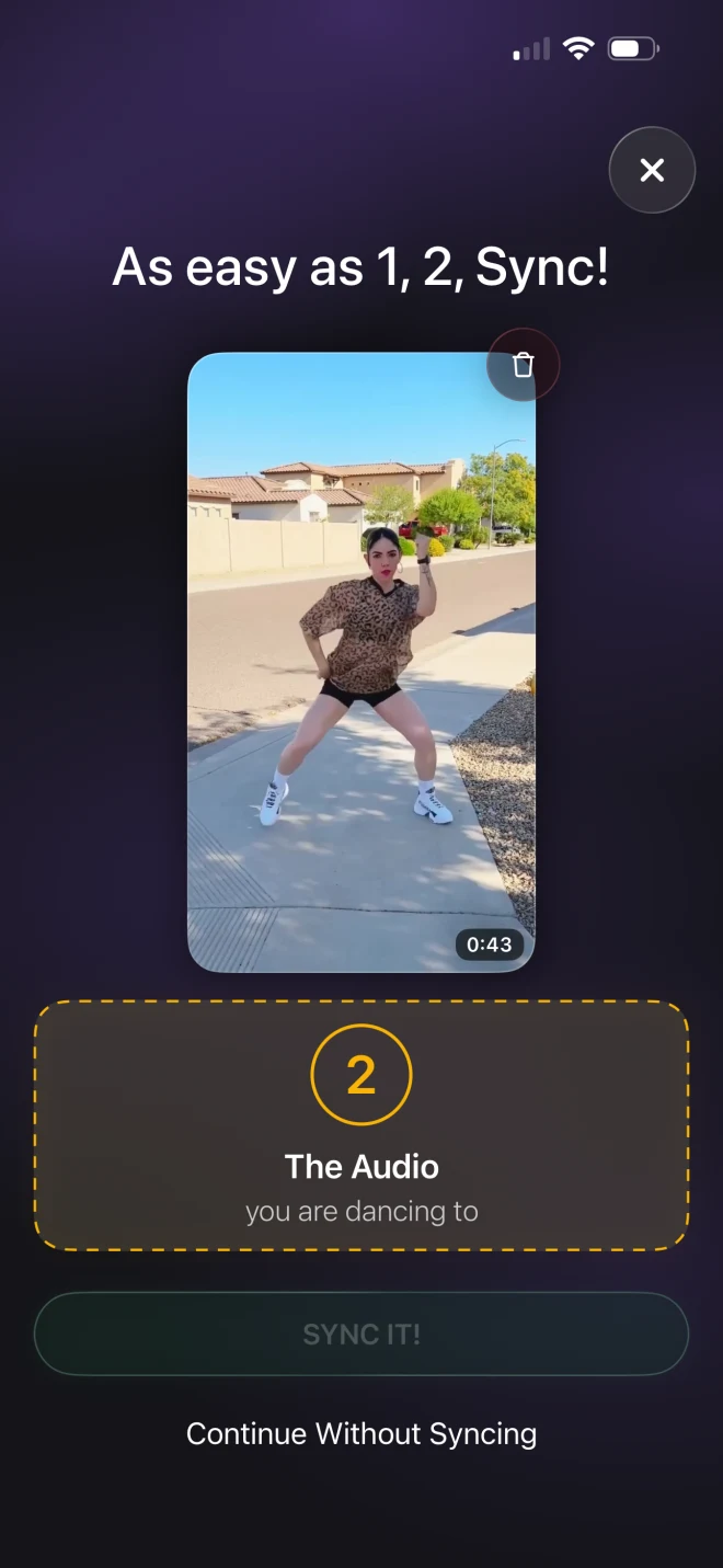 ChoreoSync on iPhone: the video in place, with the audio slot waiting