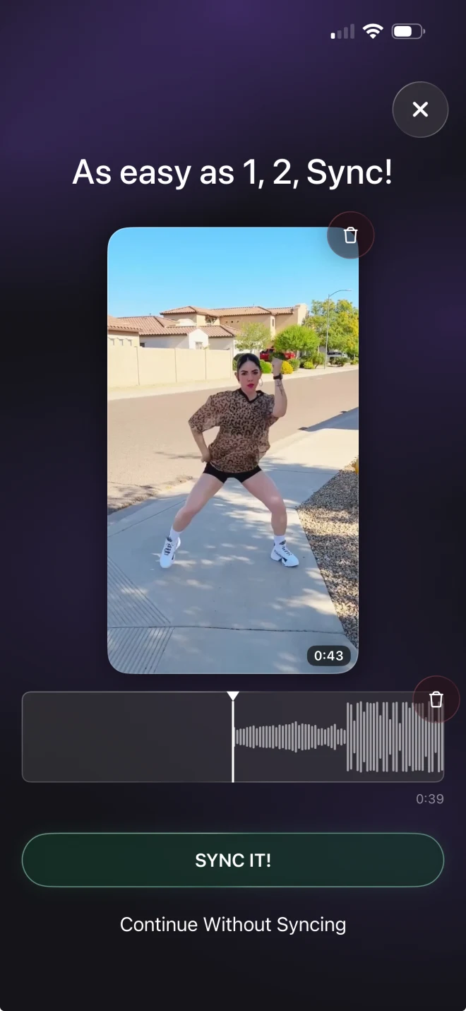 ChoreoSync on iPhone: video and track both loaded, the waveform drawn and SYNC IT ready