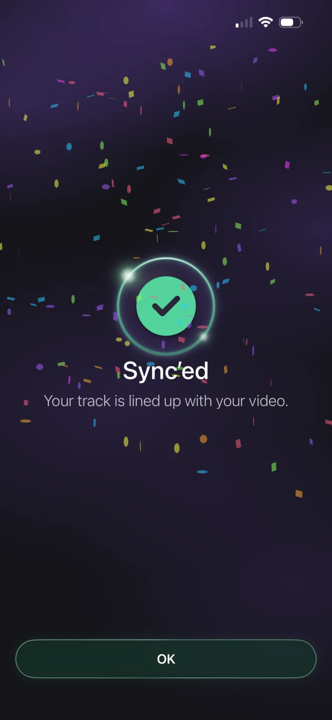 ChoreoSync on iPhone: a green check and a burst of confetti &mdash; sync&rsquo;ed