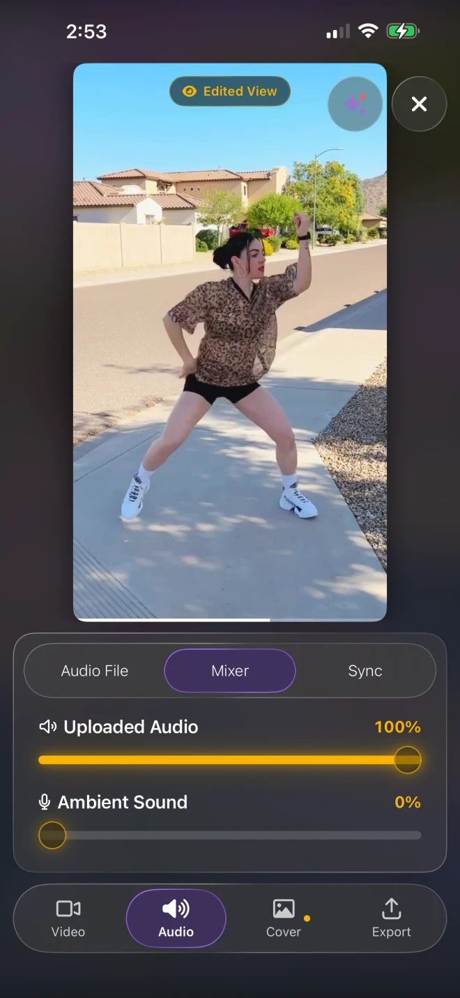 The ChoreoSync mixer on iPhone: uploaded audio at 100 percent, ambient sound at 0 percent