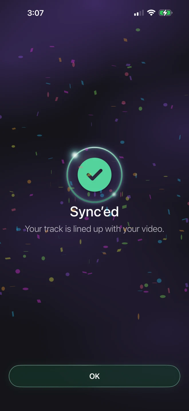ChoreoSync confirming the sync: a green check and &ldquo;your track is lined up with your video&rdquo;