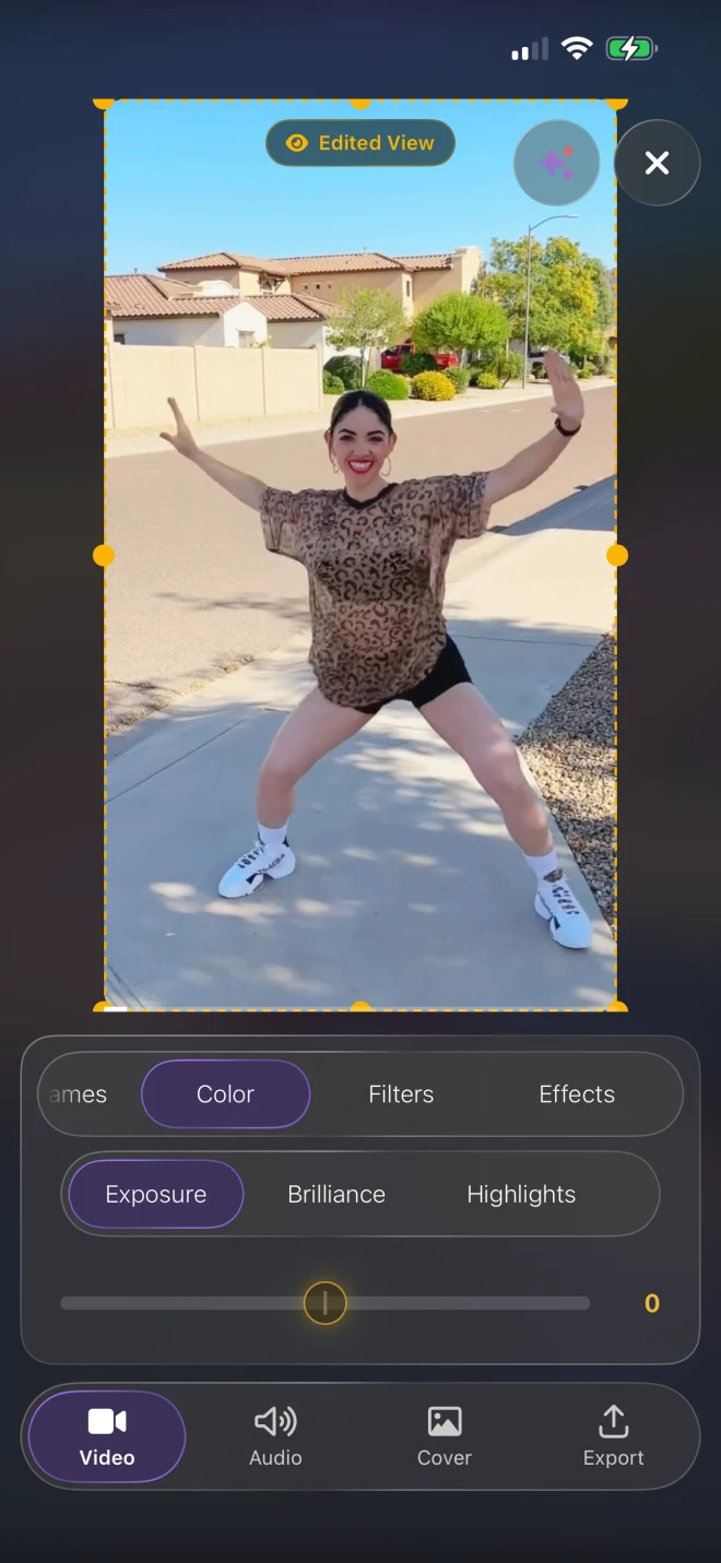 The ChoreoSync editor on iPhone: the video tab, with the color controls open on exposure