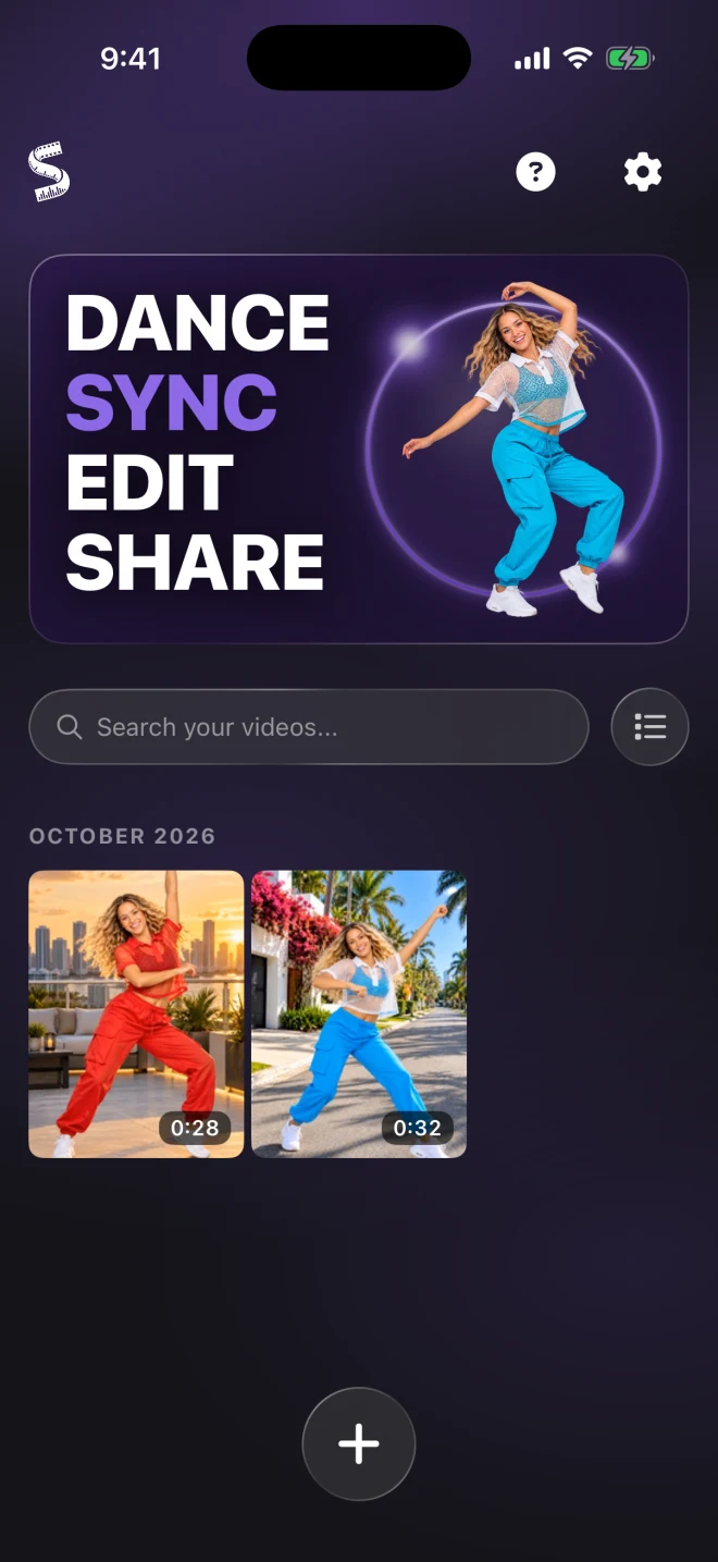 ChoreoSync on iPhone: the home screen, DANCE SYNC EDIT SHARE, over a library of synced videos