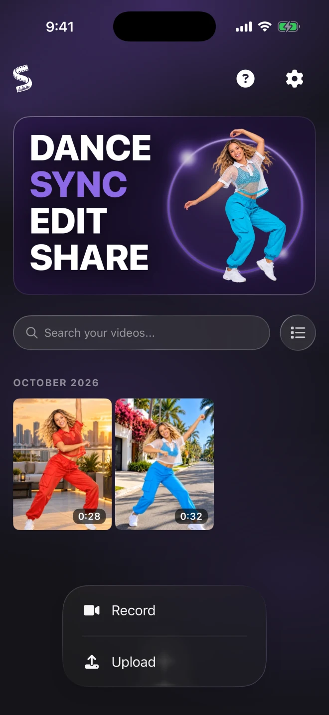 ChoreoSync on iPhone: the Record and Upload choices over the video library