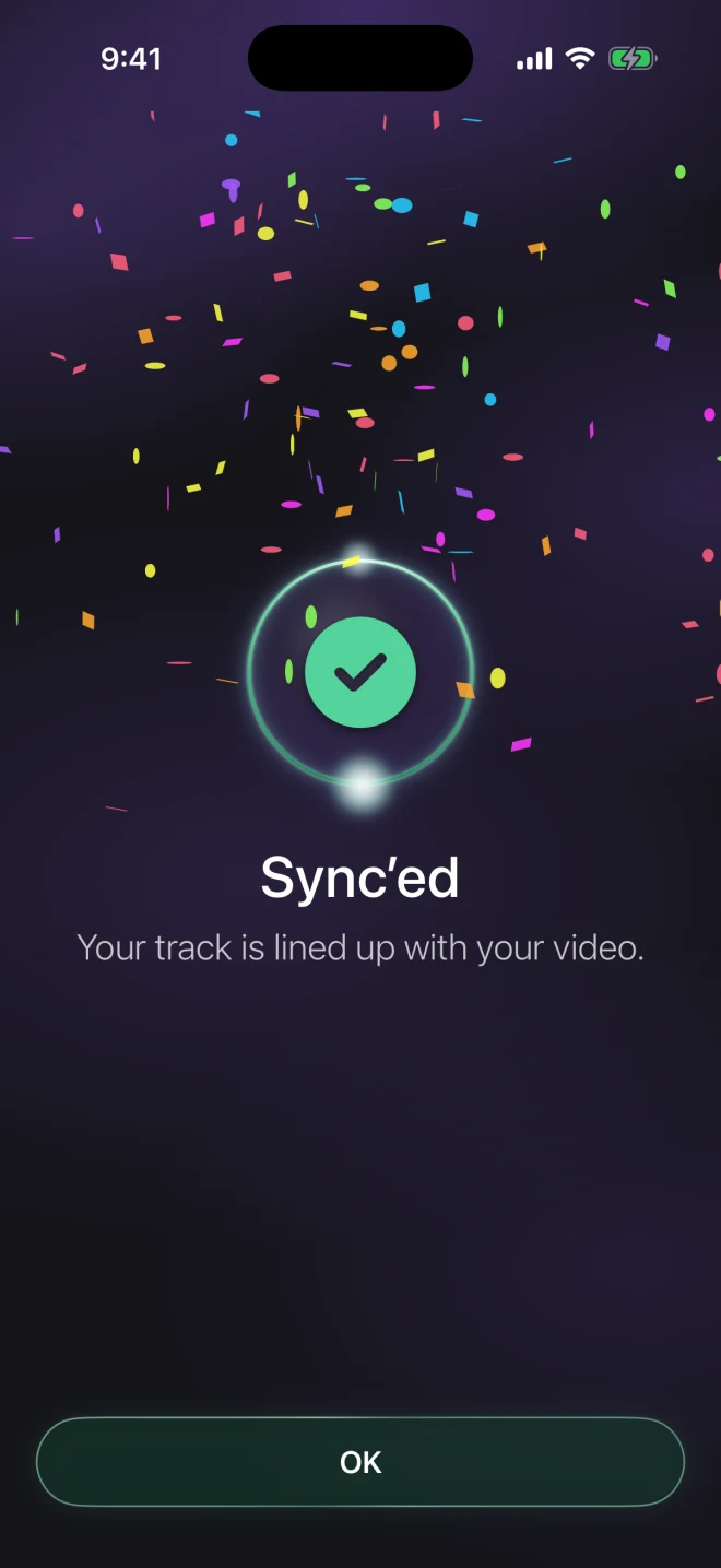 ChoreoSync on iPhone: a green check and confetti: Sync&rsquo;ed, your track is lined up with your video