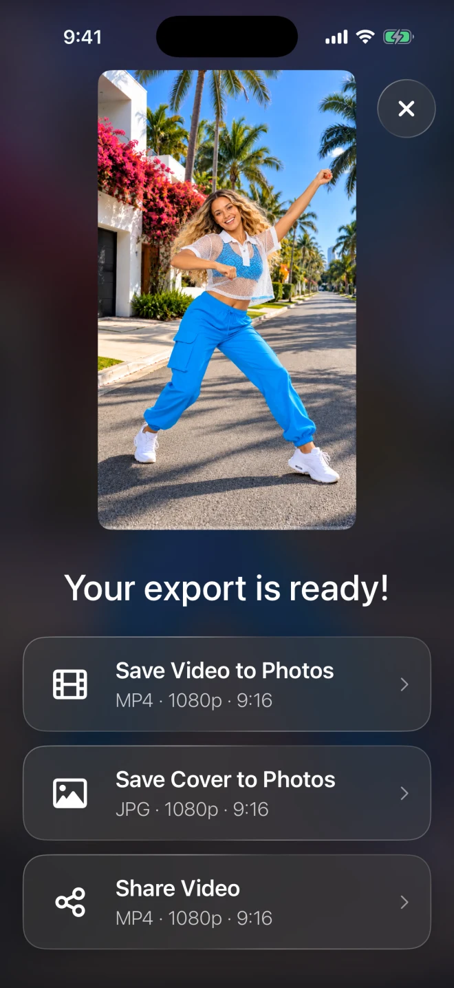 ChoreoSync on iPhone: Your export is ready, with Save Video, Save Cover and Share Video
