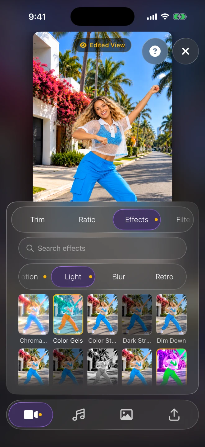 ChoreoSync on iPhone: the Effects tab: a search box, the Light category and a grid of effect tiles previewing the dancer