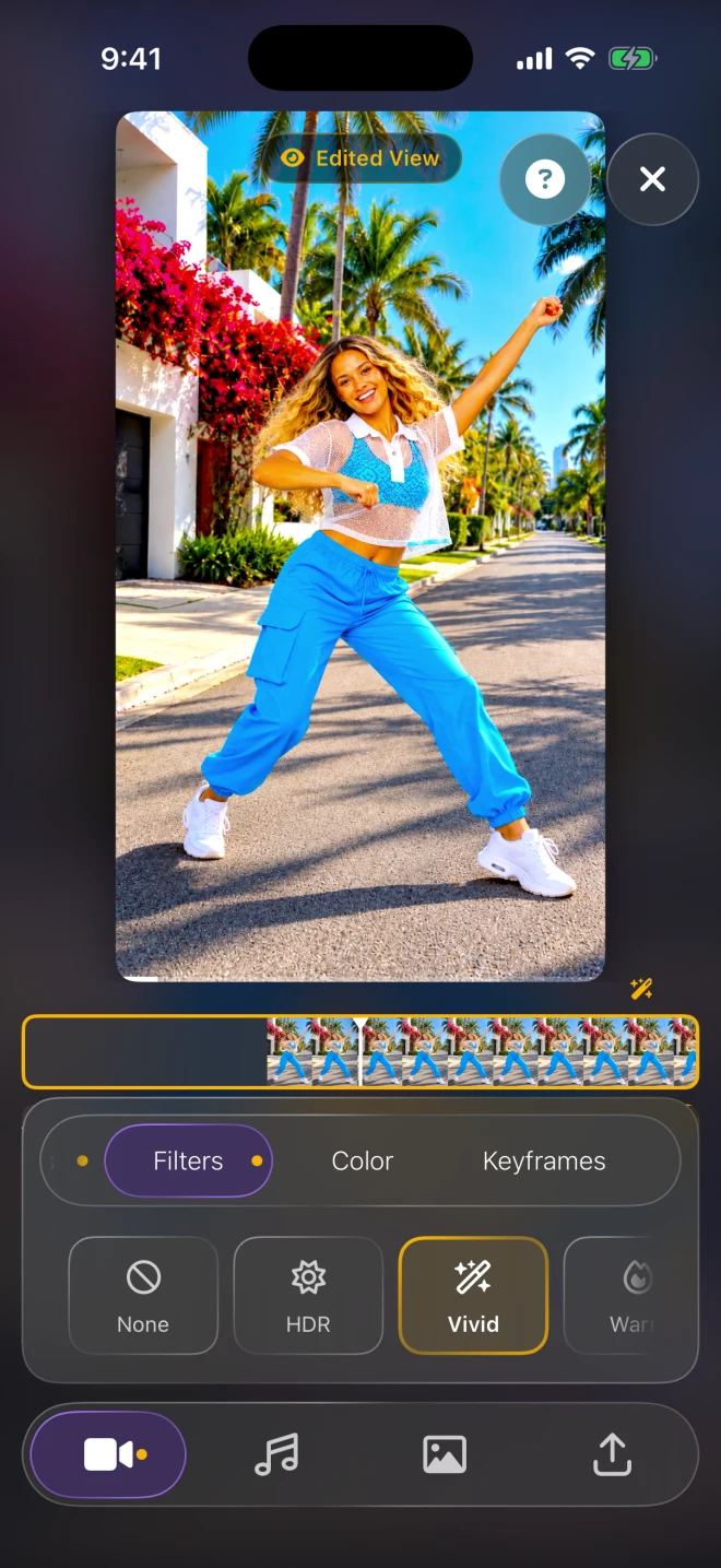 ChoreoSync on iPhone: the Filters tab with Vivid selected over a bright street video